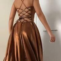 A Line Brown Long Backless Prom Dresses - Thumbnail 1
