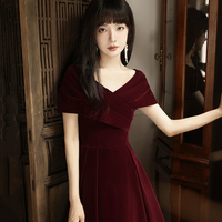 Burgundy Velvet V-Neck Short Prom Dress - Thumbnail 3