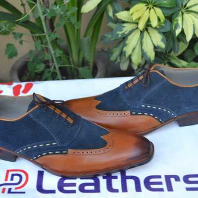 Crafted leather handmade brown leather and blue suede wingtip oxford lace up dress shoes - Thumbnail 4