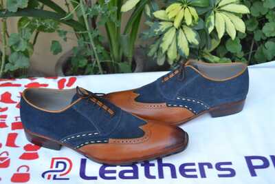 Crafted Leather Handmade Brown Leather and Blue Suede Wingtip Oxford Lace up Dress Shoes