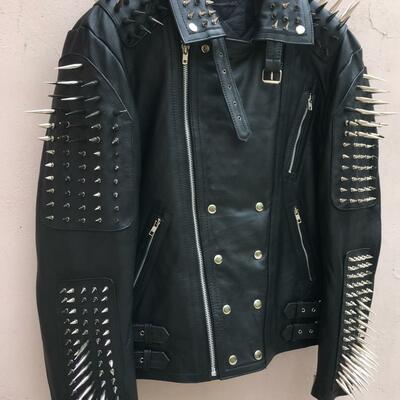 Crafted leather men's handmade black silver long spiked studded cowhide leather jacket - Thumbnail 4