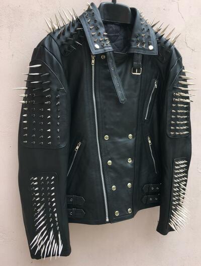 Crafted Leather Men's Handmade Black Silver Long Spiked Studded Cowhide Leather Jacket