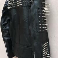 Crafted Leather Men's Handmade Black Silver Long Spiked Studded Cowhide Leather Jacket - Thumbnail 4