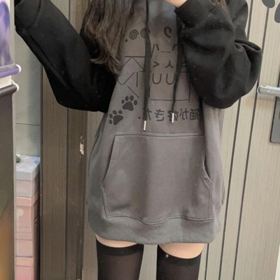 Cat print patchwork hoodie