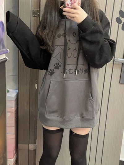 Cat Print Patchwork Hoodie