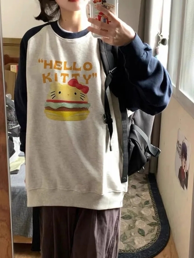 Cat Anime Burger Patchwork Hoodie 