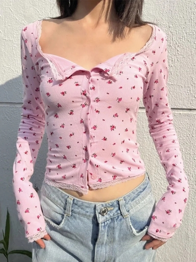 Pink Flower Lace Long Sleeve Shirt 