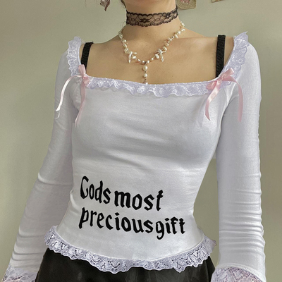 White Square Neck Lace Long Sleeve Crop Top