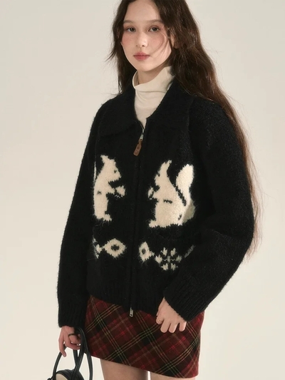 Squirrel Graphic Zipper Sweater