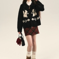 Squirrel Graphic Zipper Sweater - Thumbnail 3
