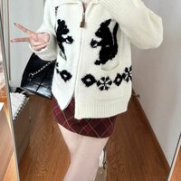 Squirrel Graphic Zipper Sweater - Thumbnail 5