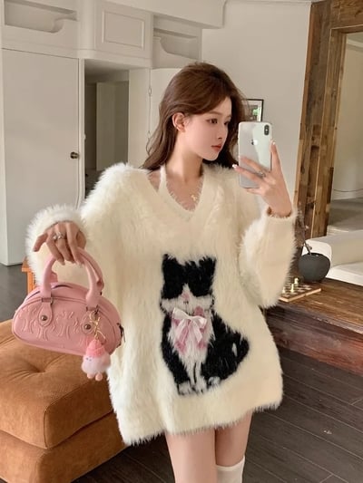Fluffy Cat Bow Sweater 