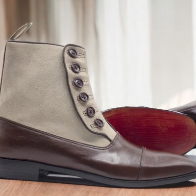 Handmade men's two tone leather & suede captoe button ankle boot - Thumbnail 2