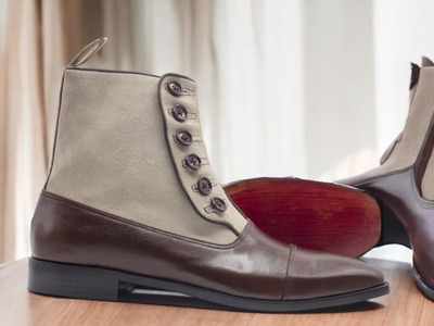 Handmade Men's Two tone Leather & Suede CapToe Button Ankle Boot
