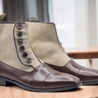 Handmade Men's Two tone Leather & Suede CapToe Button Ankle Boot - Thumbnail 1