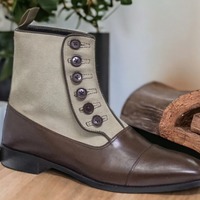 Handmade Men's Two tone Leather & Suede CapToe Button Ankle Boot - Thumbnail 2