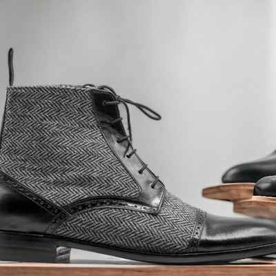 Handmade men's tweed leather laceup cap toe boot - Thumbnail 1