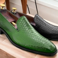 Handmade Men's Green Python Leather Loafer Shoes - Thumbnail 1