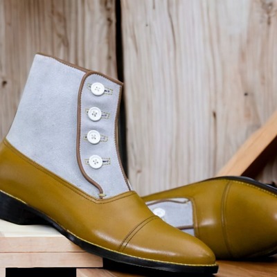 Handmade men's two tone leather & suede captoe button ankle boot