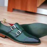 Handmade Men's Green Double Buckle Cap Toe Dress Shoes - Thumbnail 1