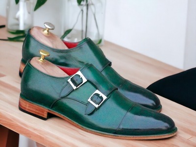 Handmade Men's Green Double Buckle Cap Toe Dress Shoes
