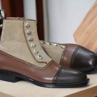 Handmade Men's Two tone Leather & Suede CapToe Button Ankle Boot - Thumbnail 1