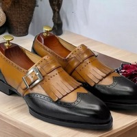 Handmade Men's Two tone Leather Singal Monk Buckle Fringe Wing Tip Dress shoes - Thumbnail 1