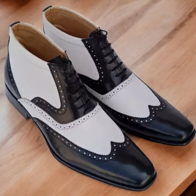 Handmade men's two tone leather lace up wing tip boot