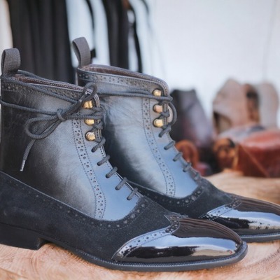 Handmade men's two tone leather & suede laceup wing tip ankle boot