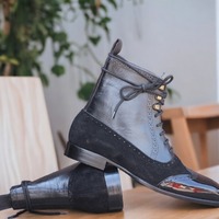 Handmade Men's Two tone Leather & Suede Laceup Wing Tip Ankle Boot - Thumbnail 1