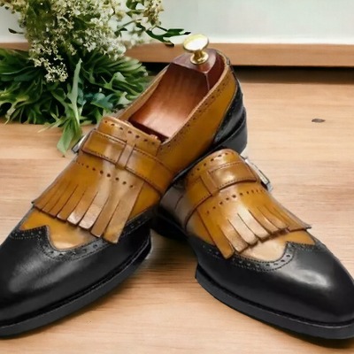 Handmade men's two tone leather singal monk buckle fringe wing tip dress shoes