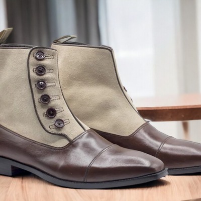 Handmade men's two tone leather & suede captoe button ankle boot