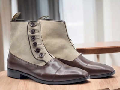 Handmade Men's Two tone Leather & Suede CapToe Button Ankle Boot