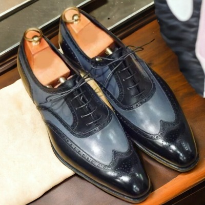 Handmade two tone leather laceup wing tip brogue office shoes