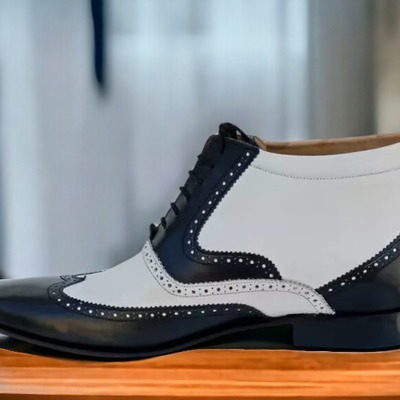 Handmade men's two tone leather lace up wing tip dress boot