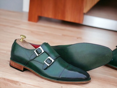 Handmade Men's Green Double Buckle Cap toe Dress Shoes