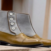 Handmade Men's Two tone Leather & Suede CapToe Button Ankle Boot - Thumbnail 1