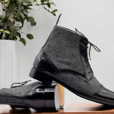 Handmade men's tweed leather laceup captoe boot