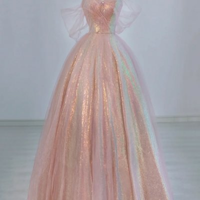 Pink tulle and sparkling sequins floor length prom dress, beautiful a line evening party dress kpp1750