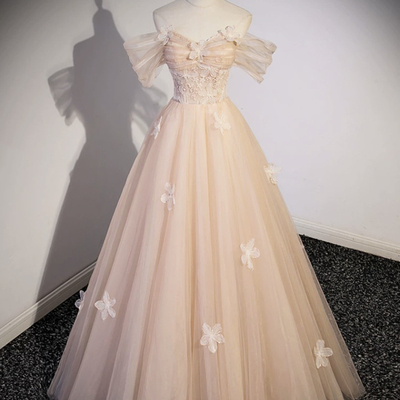 Light pink tulle long prom dress, beautiful a-line evening party dress - Thumbnail 1
