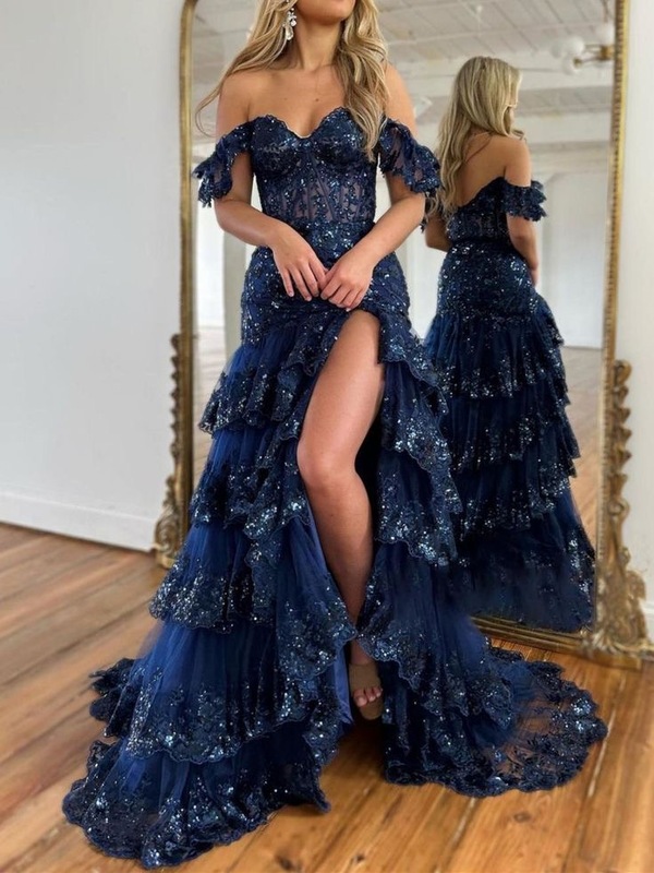 Sparkly Navy Blue Prom Dresses Slit Side