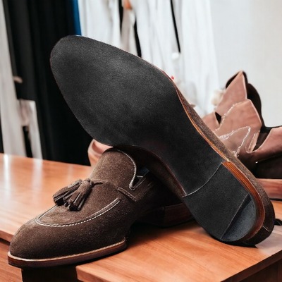 Handmade men's chocolate brown suede tassle loafer shoes - Thumbnail 1
