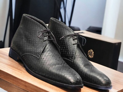 Handmade Men's Black python Leather Lace up chukka Boot