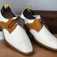 Handmade Men's Two tone Leather Laceup Derby Brogue Shoes - Thumbnail 1