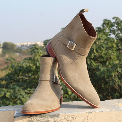 Crafted leather beige suede leather round strap jodhpur handmade boot - Thumbnail 2