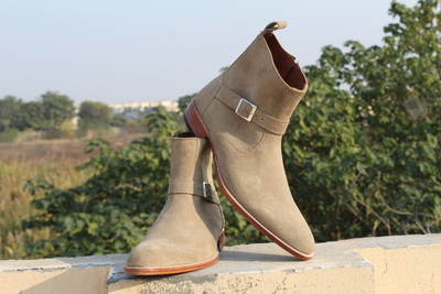 Crafted Leather Beige Suede Leather Round Strap Jodhpur Handmade Boot