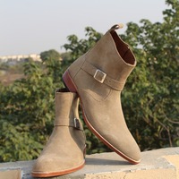 Crafted Leather Beige Suede Leather Round Strap Jodhpur Handmade Boot - Thumbnail 1