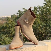 Crafted Leather Beige Suede Leather Round Strap Jodhpur Handmade Boot - Thumbnail 3