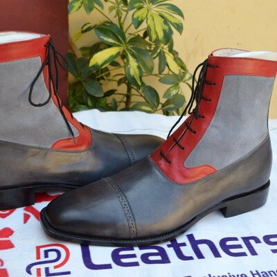 Crafted leather handmade men's gray red leather contrast ankle high lace up dress boot - Thumbnail 5