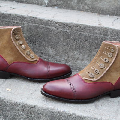 Crafted leather men brown suede and red leather button dress boot - Thumbnail 5